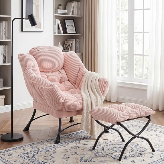 OMNIBERG Lazy Chair with Folding Ottoman, Oversized Comfy Lounge Chair with Armrests and Side Pocket for Reading, Relaxing, and Napping, Perfect for Living Room, Bedroom or Office, Pink