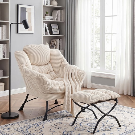 OMNIBERG Lazy Chair with Folding Ottoman, Oversized Comfy Lounge Chair with Armrests and Side Pocket for Reading, Relaxing, and Napping, Perfect for Living Room, Bedroom or Office, White