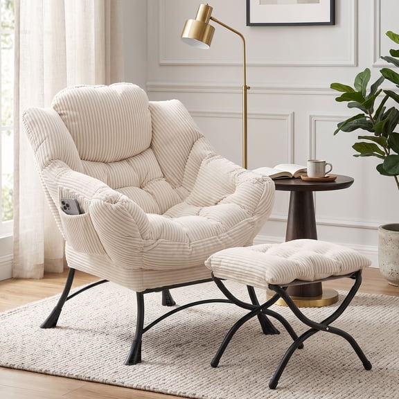 OMNIBERG Lazy Chair with Folding Ottoman, Oversized Comfy Lounge Chair with Armrests and Side Pocket for Reading, Relaxing, and Napping, Perfect for Living Room, Bedroom or Office, White