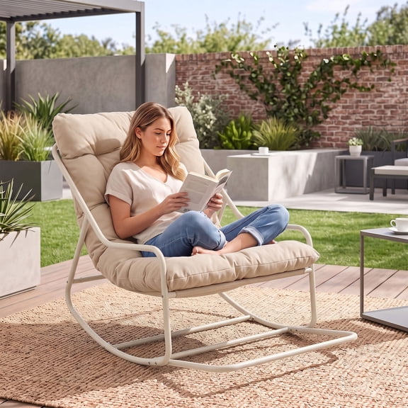 OMNIBERG Outdoor Rocking Chair with Footrest, Oversized Papasan Rocker Indoor Outdoor Lounge Chair, Waterproof Comfy Cushion, Perfect for Patio, Porch, Garden, Living Room, Beige