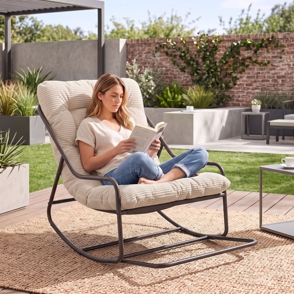 OMNIBERG Outdoor Rocking Chair with Footrest, Oversized Papasan Rocker Indoor Outdoor Lounge Chair, Waterproof Comfy Cushion, Perfect for Patio, Porch, Garden, Living Room, Beige