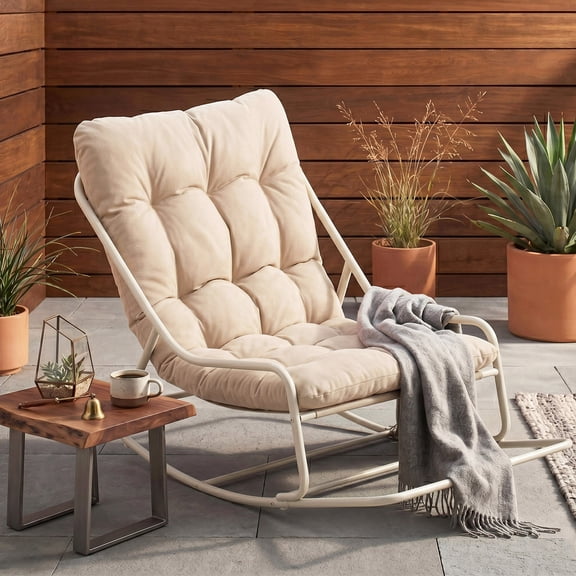 Omniberg Outdoor Rocking Chair with Footrest, Adjustable Papasan Rocker Indoor Outdoor Lounge Chair, Waterproof Comfy Cushion, 300lbs Capacity, for Patio, Porch, Garden, Living Room, Beige