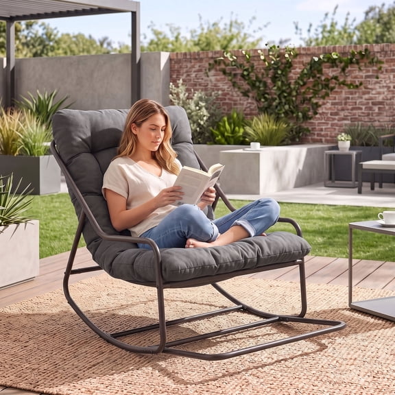 OMNIBERG Outdoor Rocking Chair with Footrest, Oversized Papasan Rocker Indoor Outdoor Lounge Chair, Waterproof Comfy Cushion, Perfect for Patio, Porch, Garden, Living Room, Gray