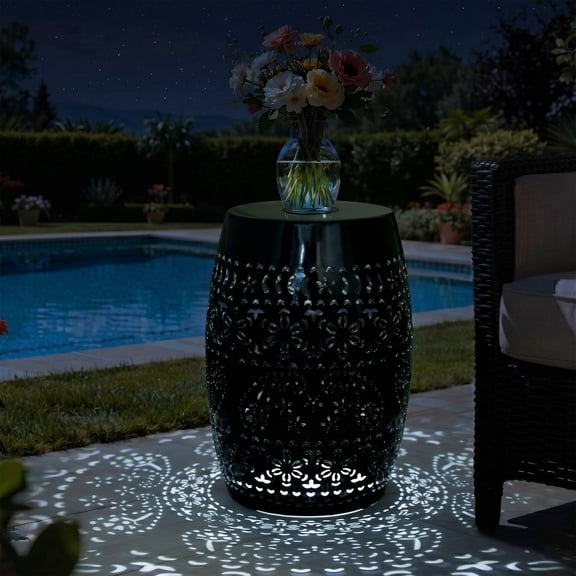 Omniberg Outdoor Solar Side Tables with Built-in Light, Metal Coffee Table with Hollowed-out Flower Design, All-Weather Hollow Drum Bistro End Tables for Patio, Porch, Garden, Indoor, Black