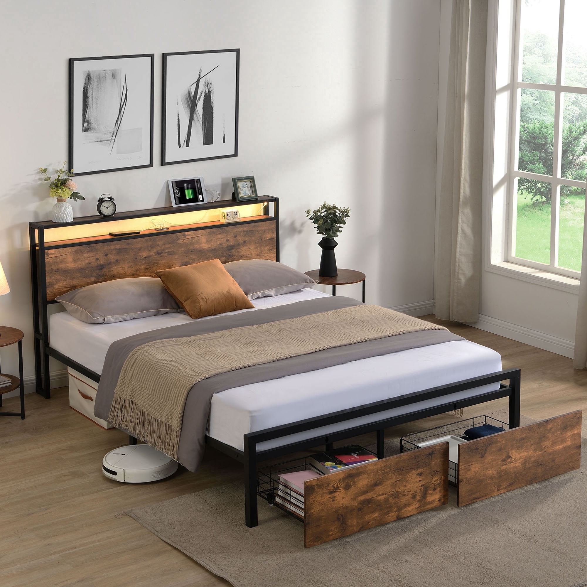Omniberg Queen Size Bed Frame with LED Lights Storage Headboard, Footboard & Charging Station, Noise-Free Haevy Duty Metal Platform Bed with 2 Storage Drawers, Easy Assembly, No Box Spring Needed