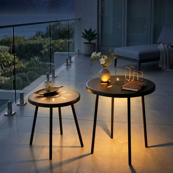 Omniberg Solar Nesting Tables with Built-in Light Set of 2, Round End Table with Coated Steel Frame, All-Weather Bistro Drink Side Tables for Patio, Porch, Garden, Indoor