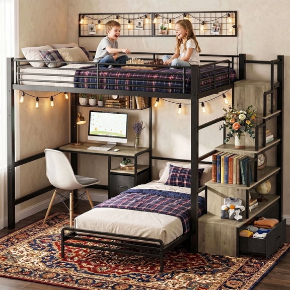 Omniberg Twin Loft Bed with Stairs, Heavy Duty Metal Loft Bed with Storage and Under-Bed Space