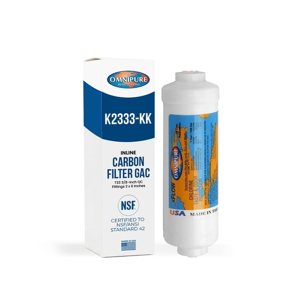Omnipure K2333 Inline Carbon Water Filter 3/8 Inch Quick Connect GAC T33 2 x 6 Inch Cartridge