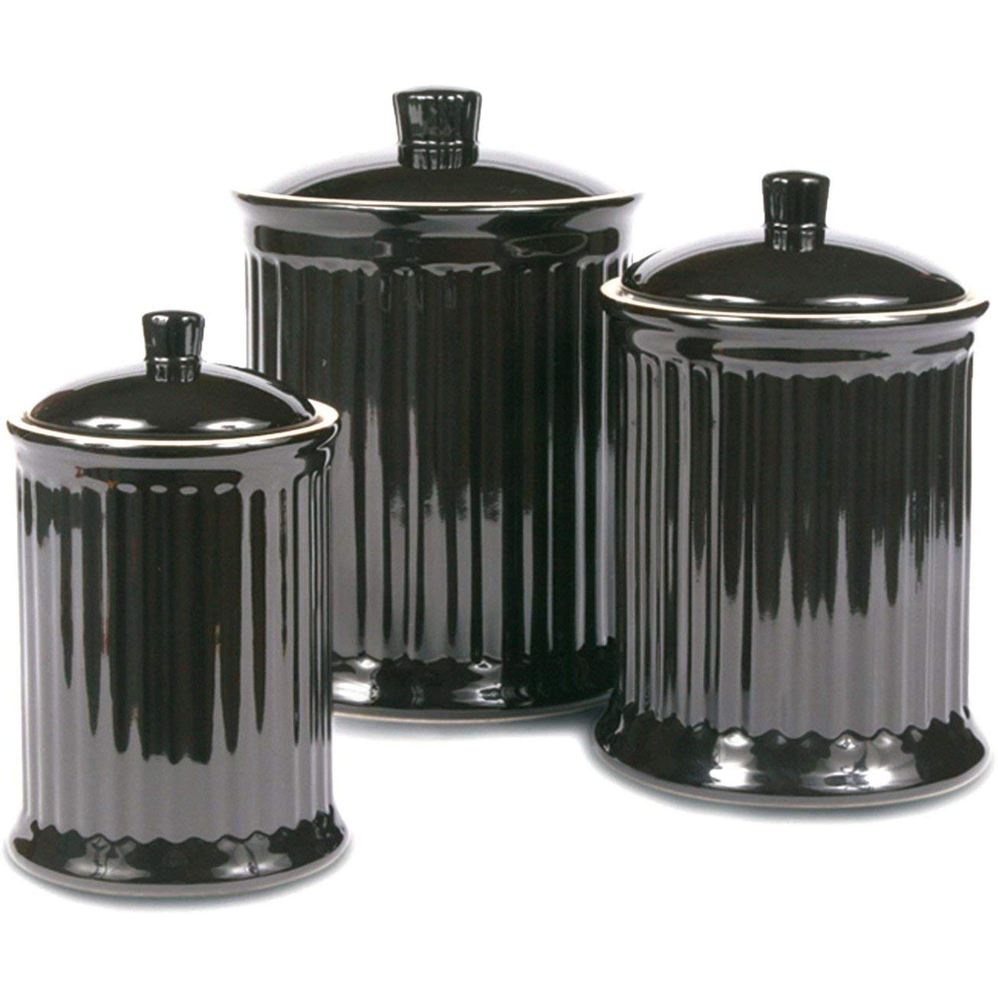 Omniware Simsbury 3-Piece Canister Set - Stoneware Kitchen Storage with Silicone-Sealed Lids, Lead-Free Glaze & Dishwasher Safe - Rustic Farmhouse-Style Flour & Sugar Containers (Black)