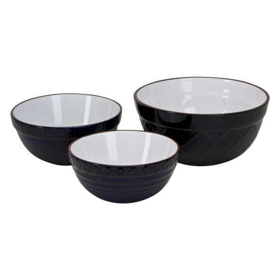 Omniware Vintage Bakeware Mixing Bowls, Set of 3 - Stoneware with Embossed Design - Lead-Free Glazing, Dishwasher Safe, Nesting Bowls for Baking, Cooking, Food Prep (Navy)