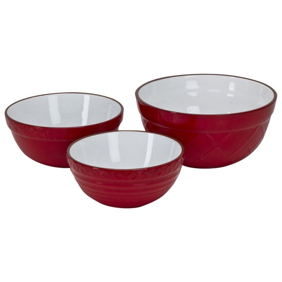 Omniware Vintage Bakeware Mixing Bowls, Set of 3 - Stoneware with Embossed Design - Lead-Free Glazing, Dishwasher Safe, Nesting Bowls for Baking, Cooking, Food Prep (Red)