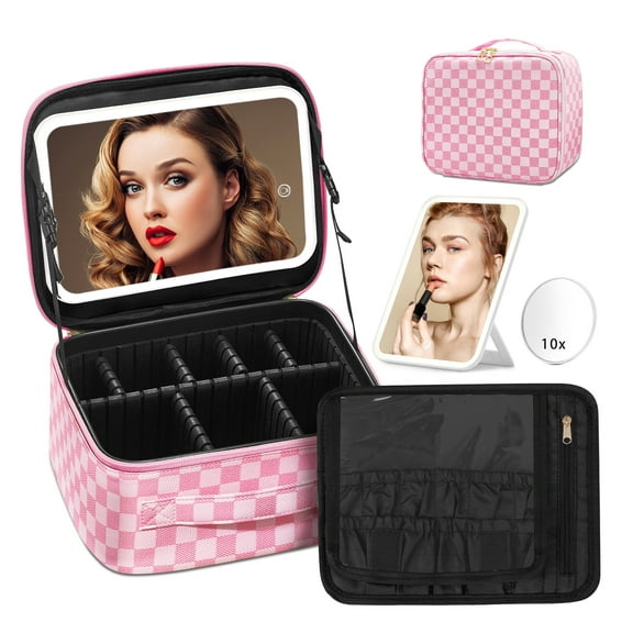 Omobolanle Makeup Bag with Light Mirror Detachable Organizer Travel Bags for Women Pink/White