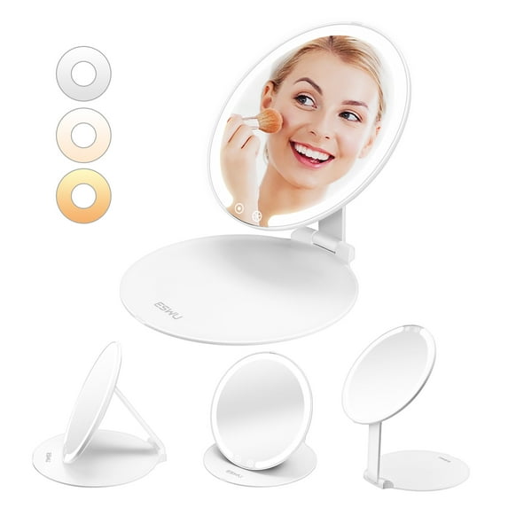 Omobolanle Travel Makeup Mirror with Light Portable Folding Make Up Mirror Small Round Rechargable 3 Colors Light with Adjustable Stand White