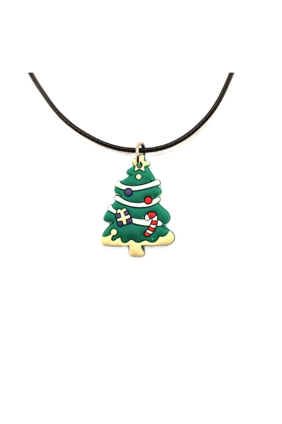 24" Length Black Rope, Christmas Tree Theme Charm Necklace, Men/Women