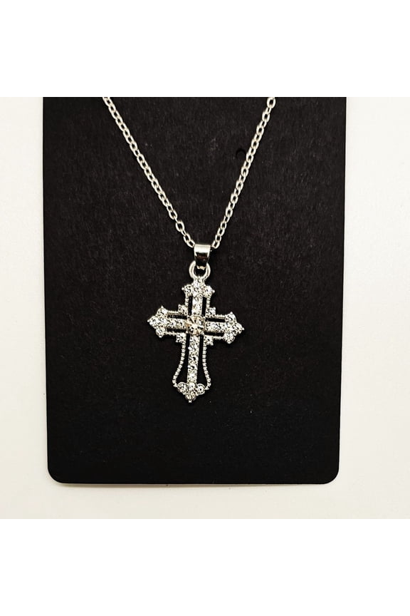 Cross Clear Vintage Style Necklace, Silver Tone