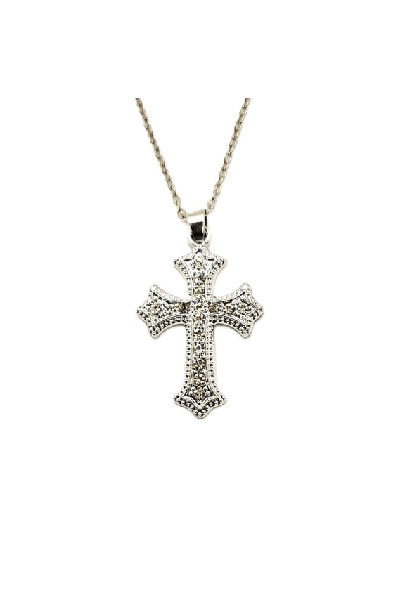 Cross Pendant Clear, Vintage Gothic Baroque Inspired Necklace, Silver Tone