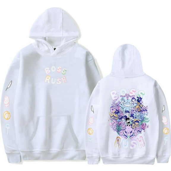 Omori Merch Boss Rush Hoodie, Trendy Print Sweatshirt, Unisex, Stylish Casual Long-Sleeved Pullover,XS,White