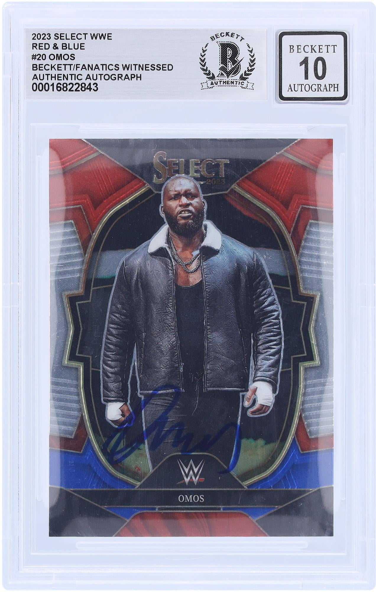 Omos WWE Autographed 2023 Panini Select Red & Blue #20 Beckett Fanatics Witnessed Authenticated 10 Card - Fanatics Authentic Certified