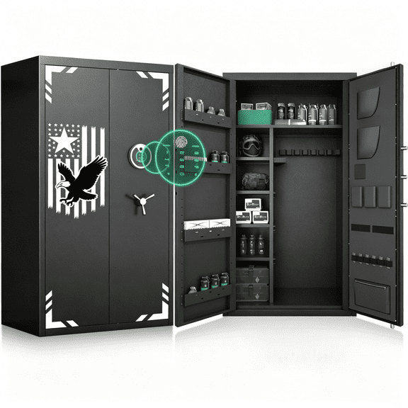 Omothey Large Fingerprint Gun Safe for Gun Pistols with LCD Keypad & Gun Rack, Unassembled Long Gun Cabinet for Shotguns with Mute Function & Dual Alarm