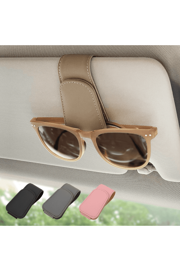 Magnetic Leather Sunglass Holder, Eyeglass Hanging Clip for Car Sun Visor, Car Accessories (Beige)