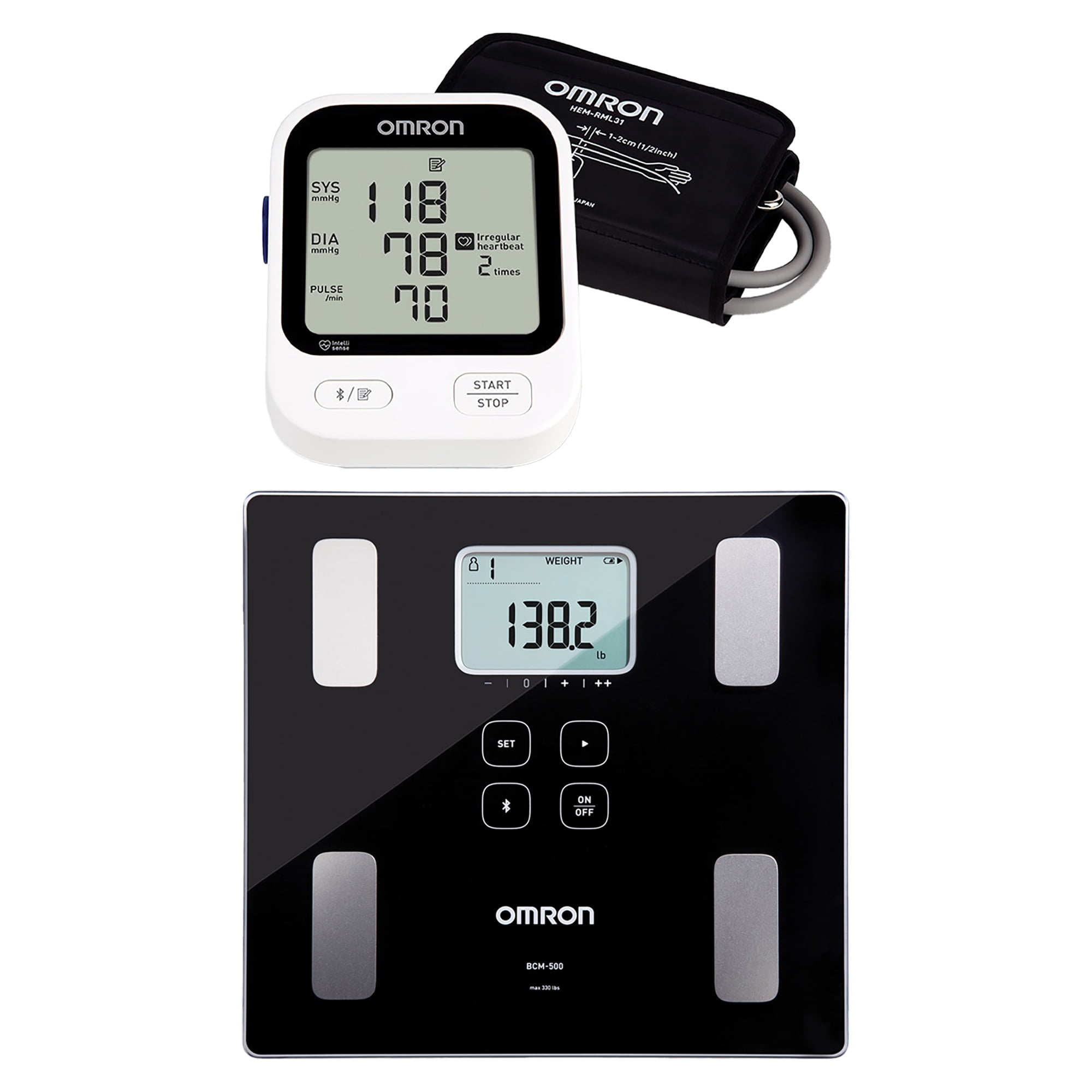 Omron 5 Series Digital Upper Arm Blood Pressure Monitor with D-Ring Cuff and Body Composition 330-Lb. Capacity Bathroom Scale Kit, BCM-500, BP7255