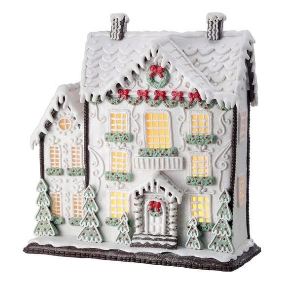 Omsix 13.5-Inch LED Light Up White Faux Gingerbread Cake House Decoration w/Timer Christmas s, Trees and Wreath Accents Lighted Decorative Winter Party Home Decor