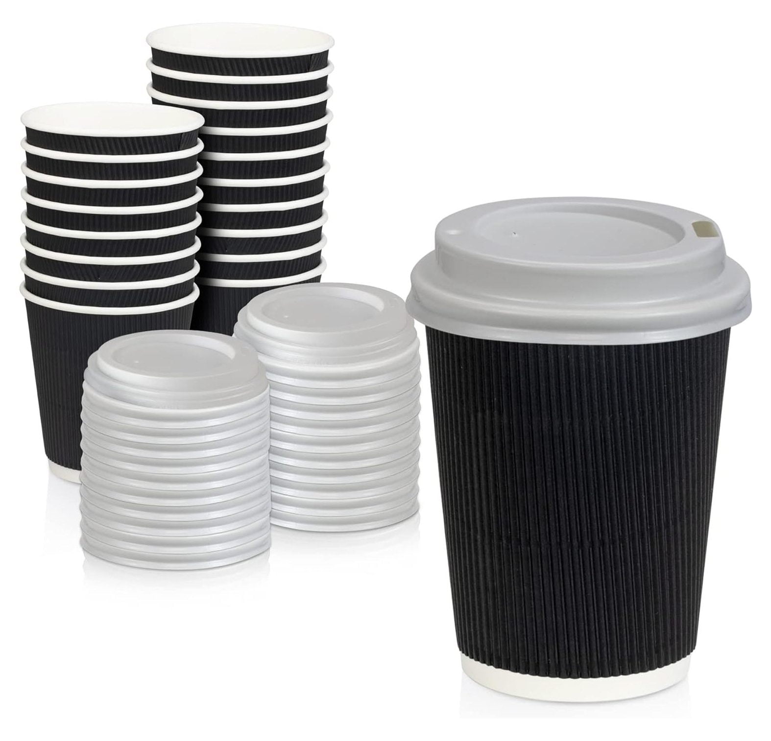 Omsix [250 Pack] Disposable Hot Cups with Lids 12 oz Black Double