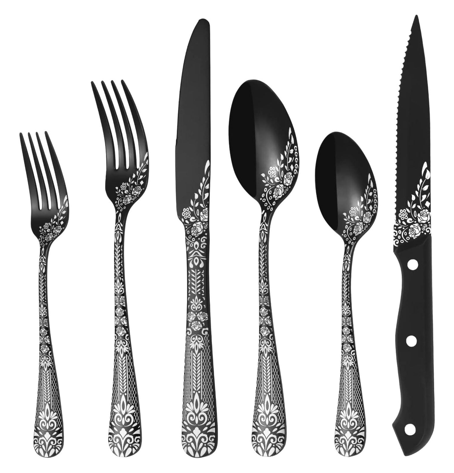 Omsix 36Piece Black Silverware Set with Steak Knives, Black Flatware