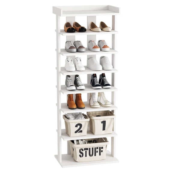Omsix 7-Tier Wood Shoe Rack, Double Rows 7-Tier Shoe Shelf, Shoe Storage Stand, Entryway Shoe Tower, Vertical Shoe Organizer Perfect for Narrow Closet, Entryway, Hallway, Bedroom in White