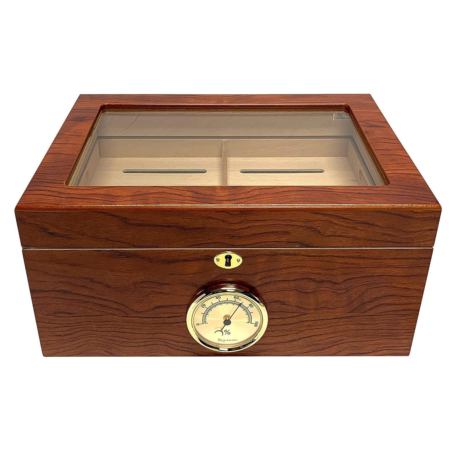 Omsix Bally Glass Top Cigar Humidor, Holds Up to 100 Cigars, Lined with