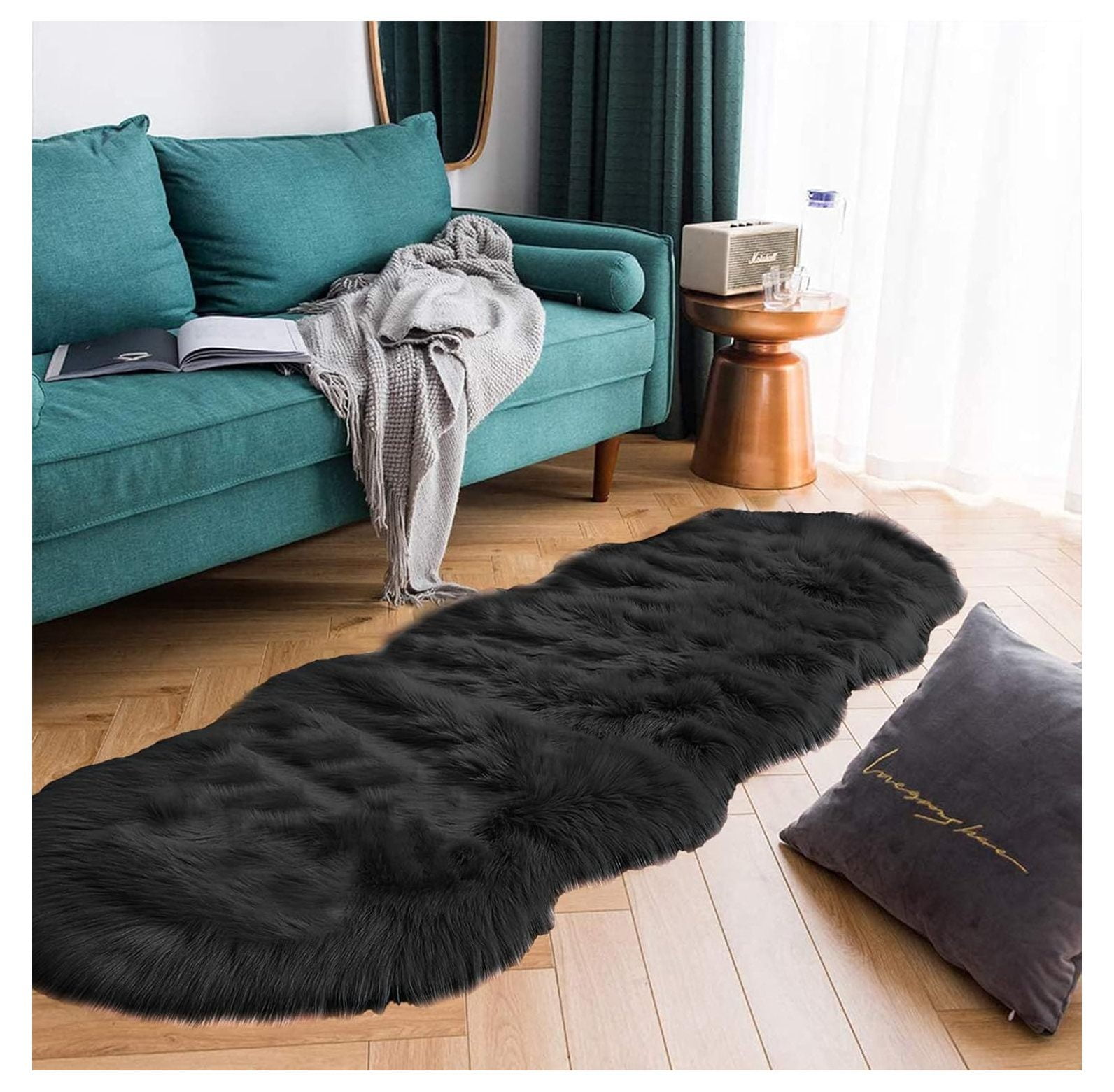 Omsix Black Runner Rugs 2x6 Faux Sheepskin Fur Rugs for Bedroom Shag