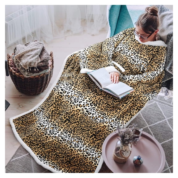 Omsix Cheetah Print Wearable Blanket for Adult Women and Men, Super Soft Comfy Warm Plush Throw with Sleeves TV Blanket Wrap Robe Cover for Sofa, Couch 72" x 55"