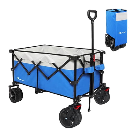 Omsix Collapsible Folding Wagon Cart Heavy Duty Folding Garden Portable Hand Cart with All- Beach Wheels, Adjustable Handle & Drink Holders (Blue)