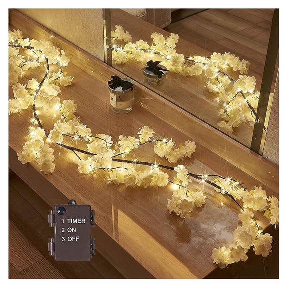 Omsix Lighted with Timer White Cherry Blossom 96 Fairy Lights 6FT, Flower with Lights Battery Operated for Fireplace Mantle Wedding Party Home Decoration