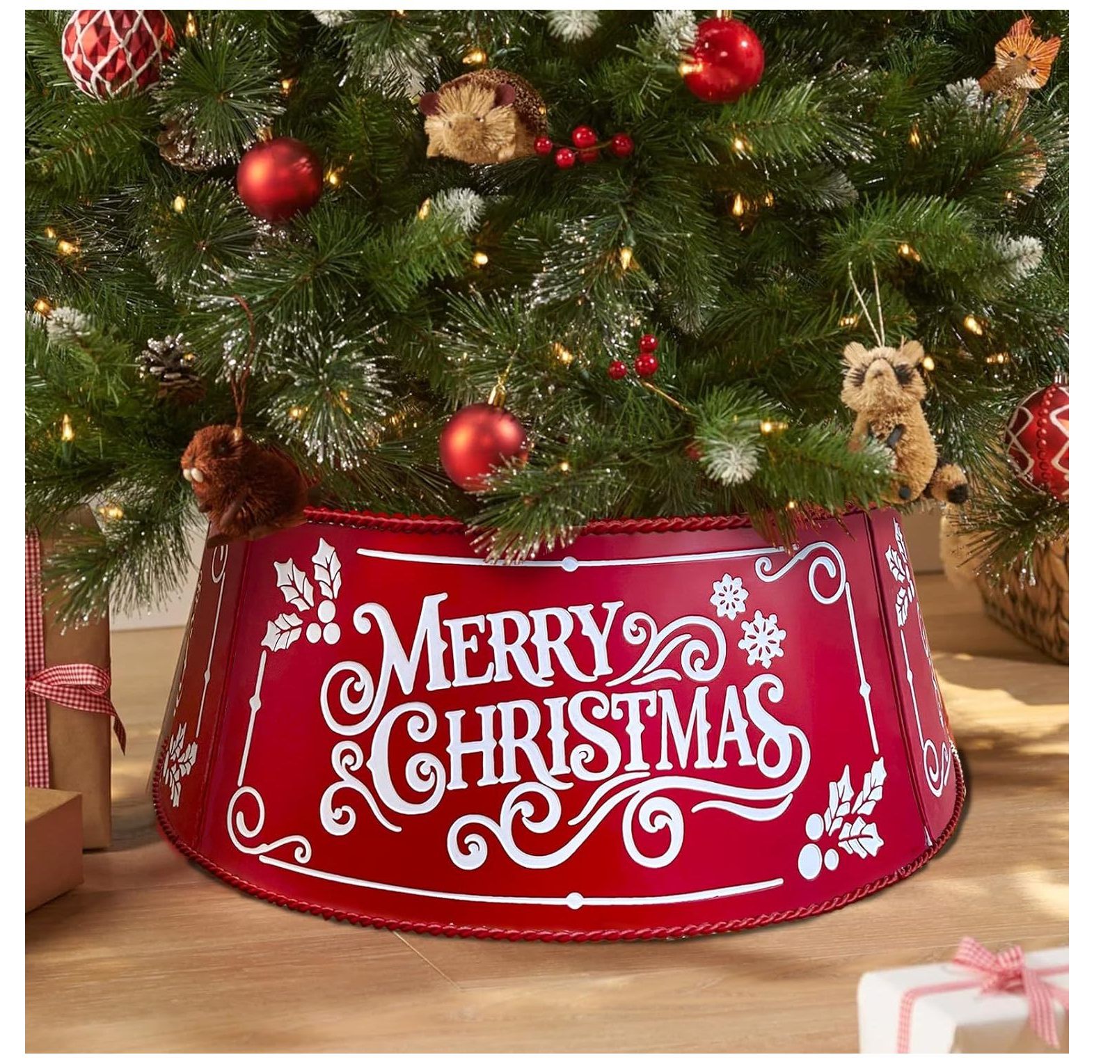 Omsix Metal Christmas Tree Collar, Red White Mini Tree Ring Holiday