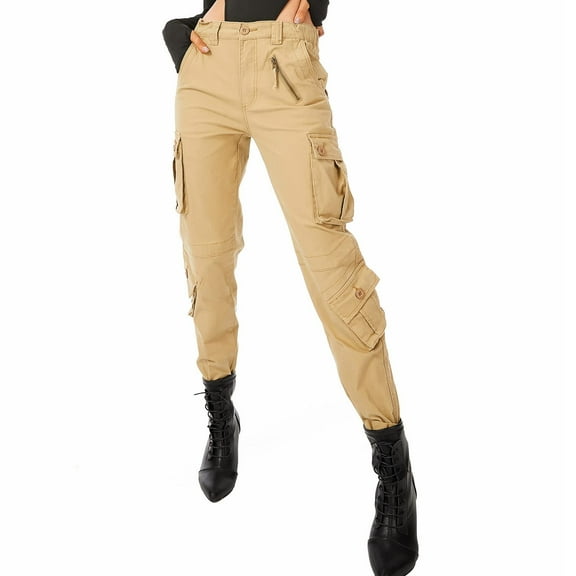 Omthaka Women's Cotton Cargo Pants with 8 Pocket,Khaki Size 10