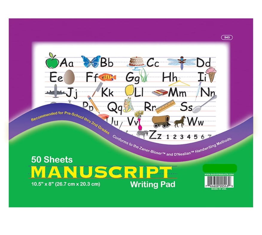 Omura Manuscript Writing Pad 50 Sheets, 10.5" x 8", Primary Ruled Handwriting Workbook, 48-Pack