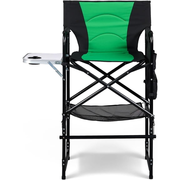 OmySalon 31" Extra Tall Director Chair w/Side Table, Heavy-Duty Steel Frame Portable Folding Bar Stool w/Storage Pockets, for Makeup Artist, Salon, Studio, Camping, 300 lbs Capacity (Green)