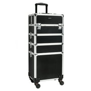 OmySalon 4-in-1 Aluminum Rolling Makeup Train Case, Portable Makeup Storage Organizer Suitcase, Travel Cosmetology Rolling Case, Beauty Storage Trolley Luggage Lockable W/4 Removable WheelsBlack