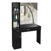 OmySalon Barber Station Wall Mount Salon Hair Styling Beauty Spa Equipment W/Mirror, 2 Drawers, 1 Storage Cabinet, 3 Open Shelves Black