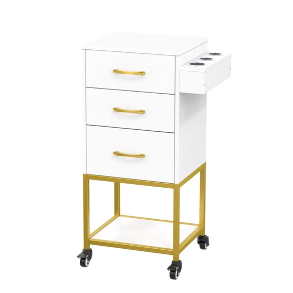 OmySalon Beauty Salon Storage Trolley Cart, Salon Station for Stylist, Wooden Hair Cabinet with Dryer Holder & Drawer, Hairdressing Tools Organizer Equipment for Spa Barbershop Lash Tattoo, White