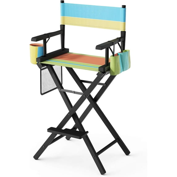 OmySalon Director's Chair 31" Height Folding Portable w/Storage Pouch & Footrest, Makeup Artist Chair for Salon, Events, Mobile, 250lb Capacity, Black Wood Frame & Colorful Canvas Seat