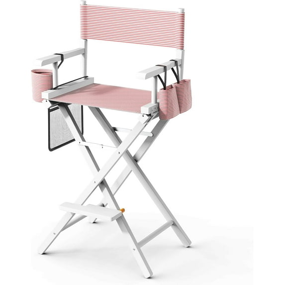 OmySalon Director's Chair 31" Height Folding Portable w/Storage Pouch & Footrest, Makeup Artist Chair for Salon, Events, Mobile, 250lb Capacity, Solid Wood Frame & Pink Striped Canvas Seat