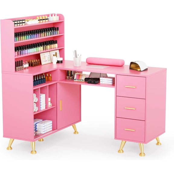 OmySalon L Shaped Manicure Table with Dust Collector, 52" L Corner Nail Desk for Nail Techs, w/Polish Display Rack Arm Rest, Acetone Resistant Top, Drawer and Cabinet Storage, for Nail Salon (Pink)