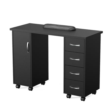 OmySalon Manicure Table Nail Desk, Spa Salon Beauty Wooden Technician Workstation w/Cabinet, Drawers, Wheels & Wrist Rest, Black