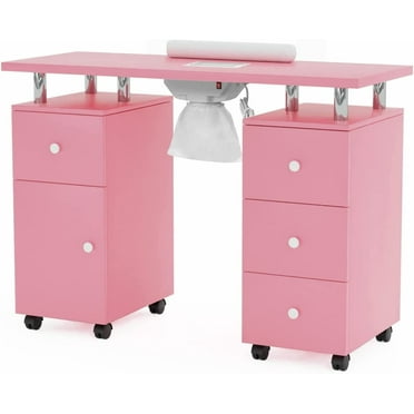 OmySalon Manicure Table for Nail Tech w/Dust Collector&Wrist Rest, Lockable Wheels, Cabinet, Drawer