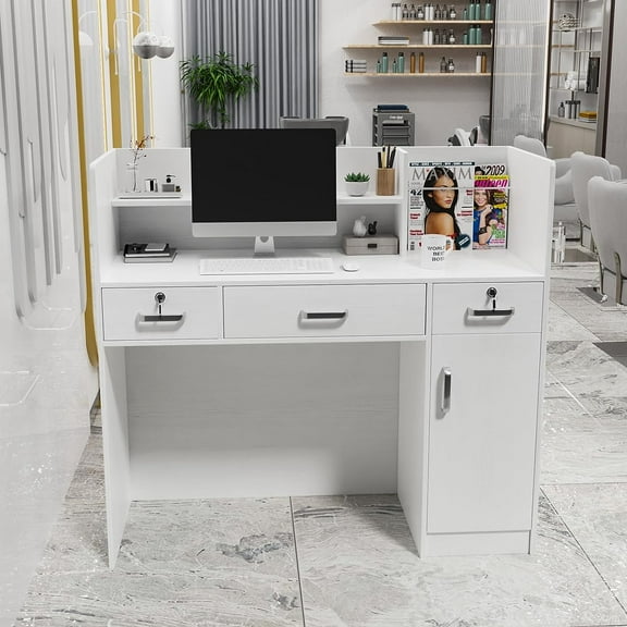 OmySalon Modern Reception Desk, Front Table Counter with Lockable Drawers and Moveable Shelves, Receptionist Desk Retail Checkout, for Lobby Beauty Salon Office, White (47.2W x 18.9D x 43.7H)