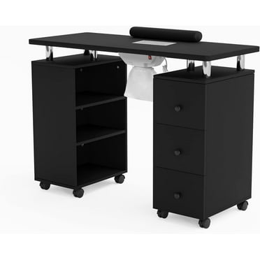 OmySalon Nail Desk Manicure Table for Nail Tech w/Electric Dust Collector, Portable Nail Table Station Beauty Salon Supplies Acetone Resistant w/Lockable Wheels,Wrist Cushion,3-Tier Shelves&Drawers