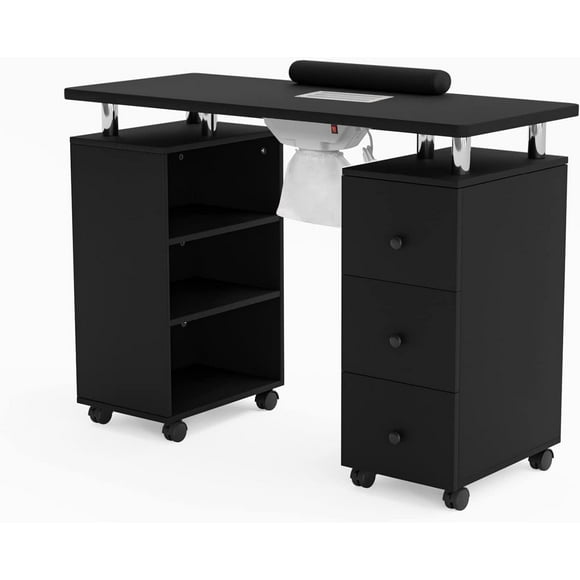 OmySalon Nail Desk Manicure Table for Nail Tech w/Electric Dust Collector, Portable Nail Table Station Beauty Salon Supplies Acetone Resistant w/Lockable Wheels,Wrist Cushion,3-Tier Shelves&Drawers