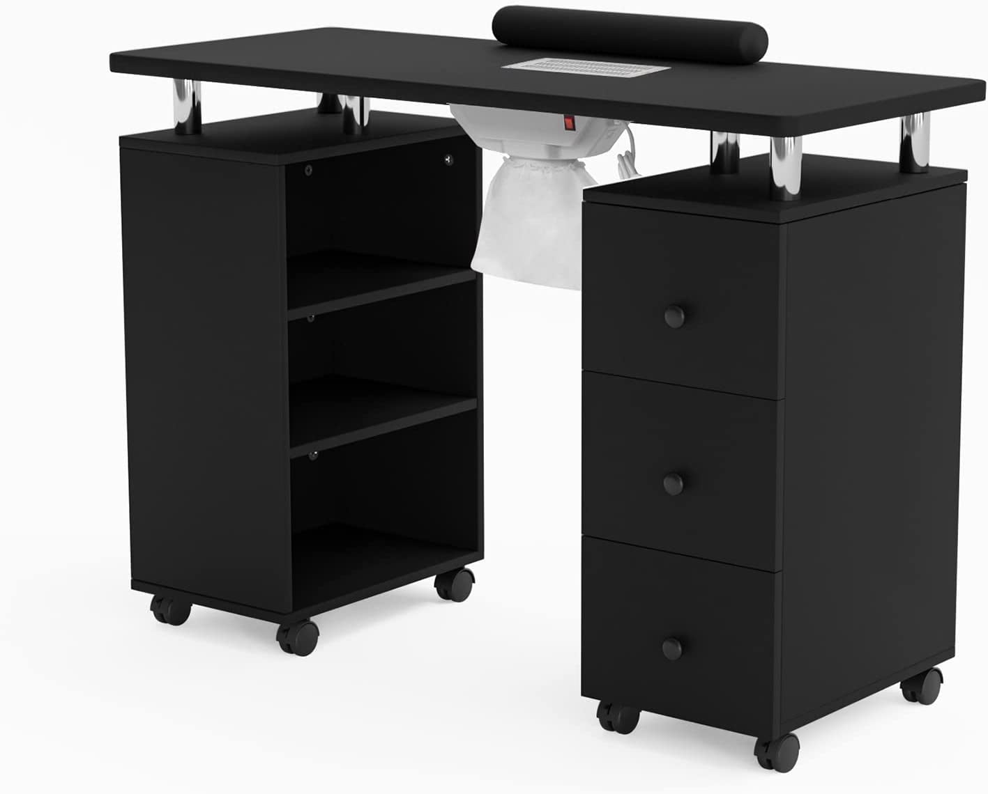 OmySalon Nail Desk Manicure Table for Nail Tech w/Electric Dust Collector, Portable Nail Table Station Beauty Salon Supplies Acetone Resistant w/Lockable Wheels,Wrist Cushion,3-Tier Shelves&Drawers